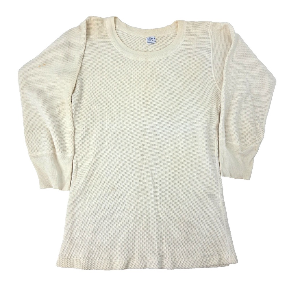 VTG 1950's Sears Thermal Shirt Size Large Waffle Knit White True Yellowing Look